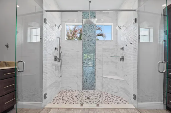 a porch with wooden floor