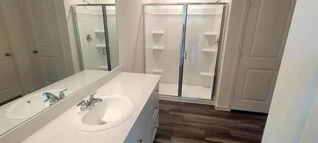 a bathroom with a sink and a mirror