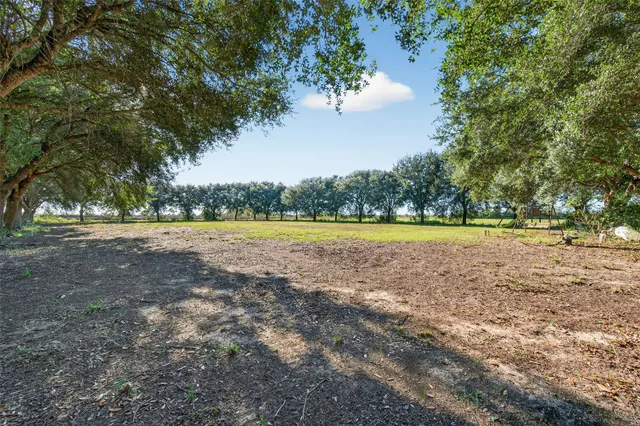 a view of a field with trees in background