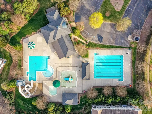 an aerial view of a house with garden