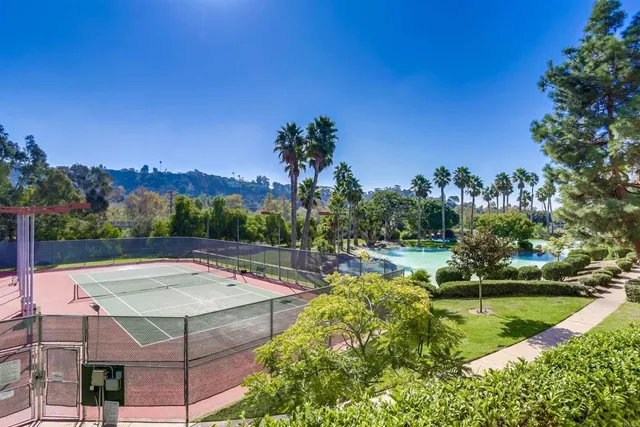 a view of a swimming pool with a yard and plants