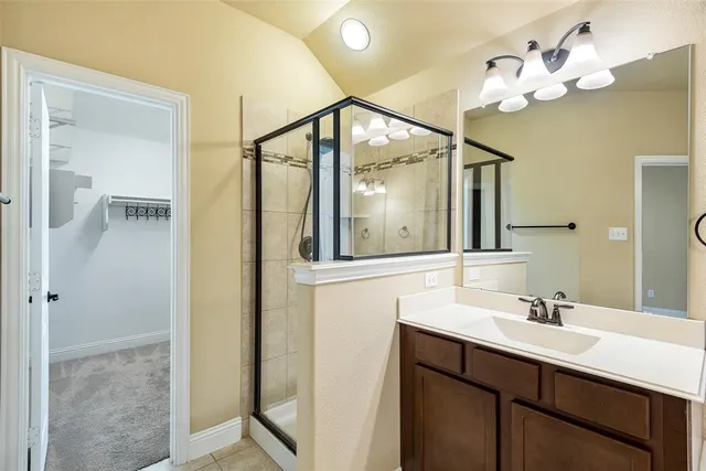 a bathroom with a sink mirror and a shower