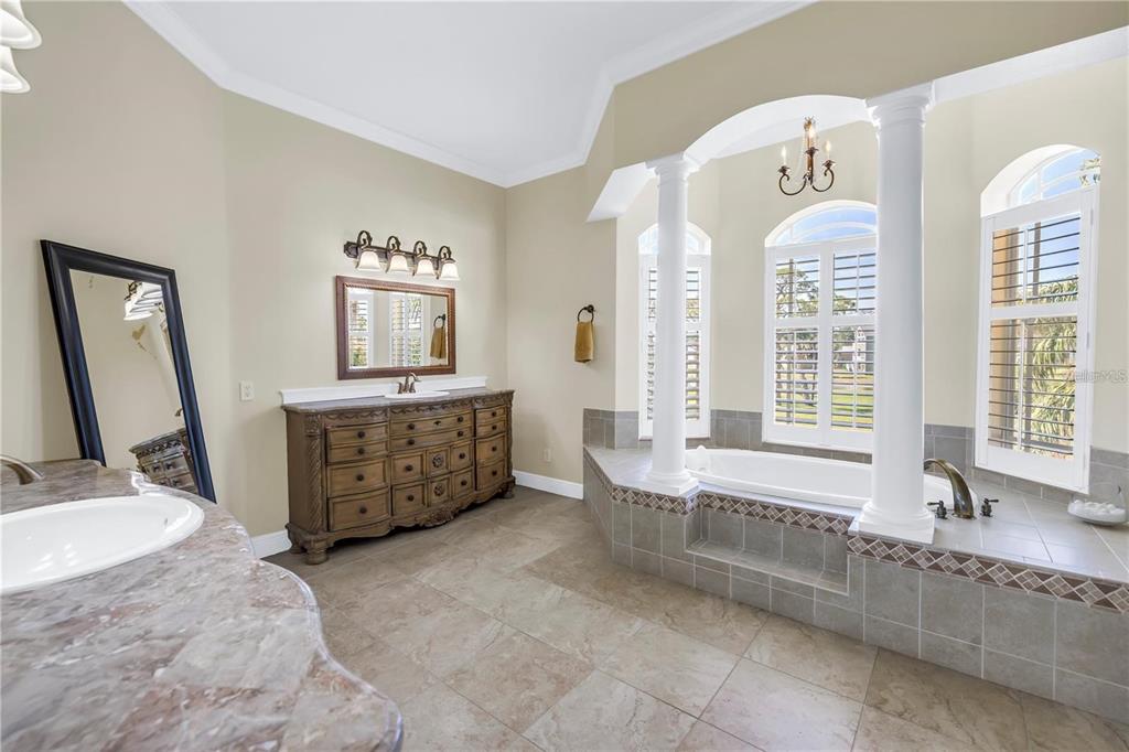 2101 North Pointe Alexis Drive, Unit 1 Tarpon Springs, FL 34689 - Photo 16 of 63 a spacious bathroom with a tub double sink and mirror
