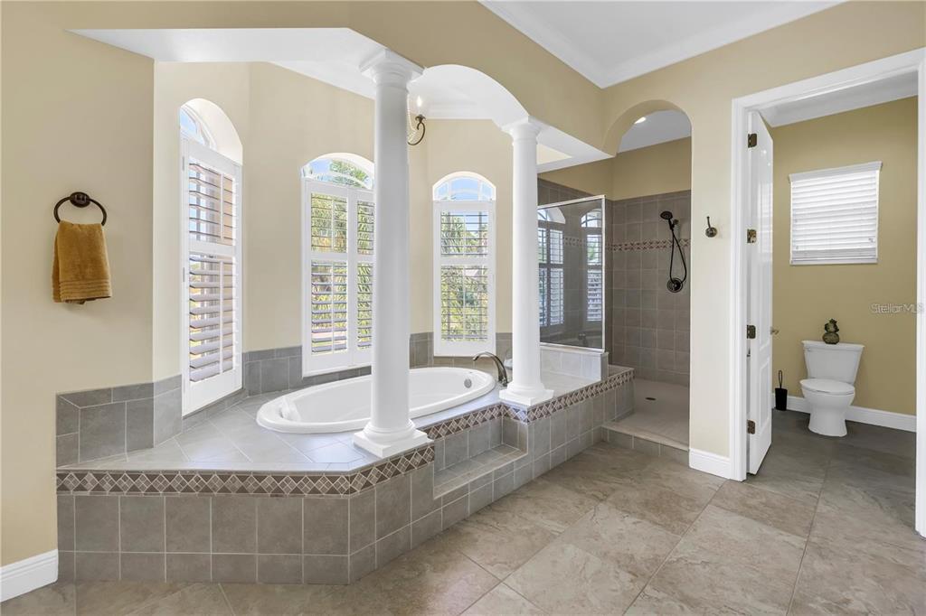 2101 North Pointe Alexis Drive, Unit 1 Tarpon Springs, FL 34689 - Photo 18 of 63 a spacious bathroom with a granite countertop tub and a shower