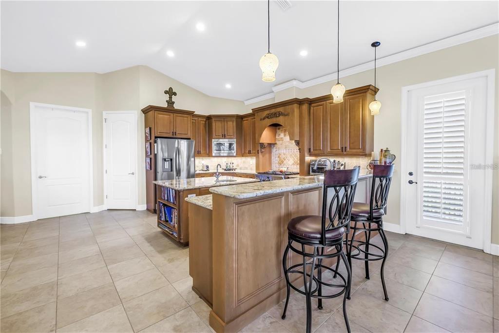 2101 North Pointe Alexis Drive, Unit 1 Tarpon Springs, FL 34689 - Photo 32 of 63 a kitchen with stainless steel appliances kitchen island granite countertop a table chairs and a refrigerator
