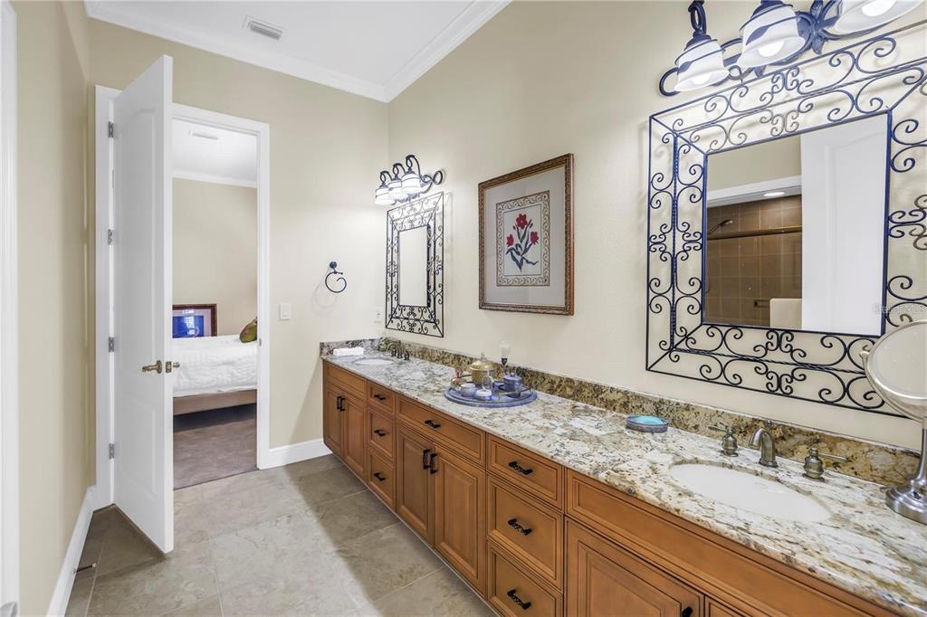 2101 North Pointe Alexis Drive, Unit 1 Tarpon Springs, FL 34689 - Photo 9 of 63 a en suite bathroom with a granite countertop double vanity sink mirror and