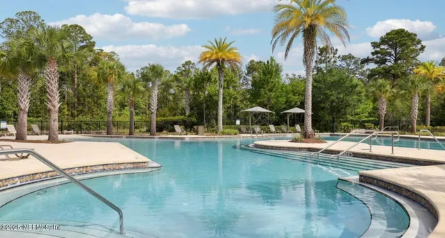 a view of swimming pool with chairs and palm tree
