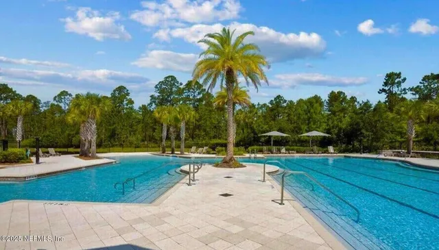 a view of a swimming pool with a yard and palm trees