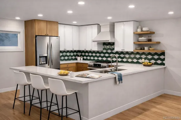 a kitchen with stainless steel appliances kitchen island granite countertop a table and chairs in it
