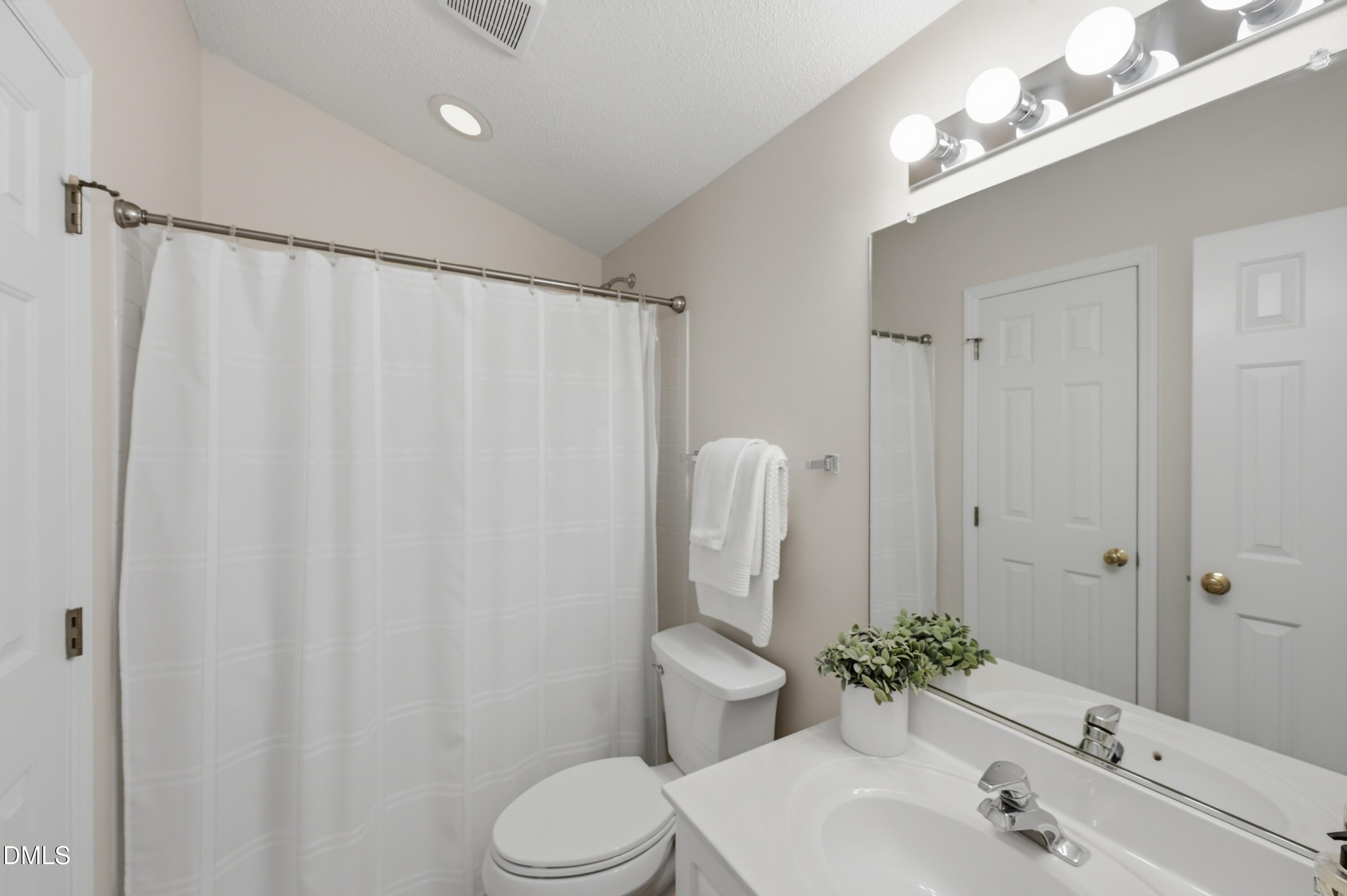 6801 Lynnoak Drive Raleigh, NC 27613 - Photo 20 of 30 a bathroom with a sink a toilet and shower curtain