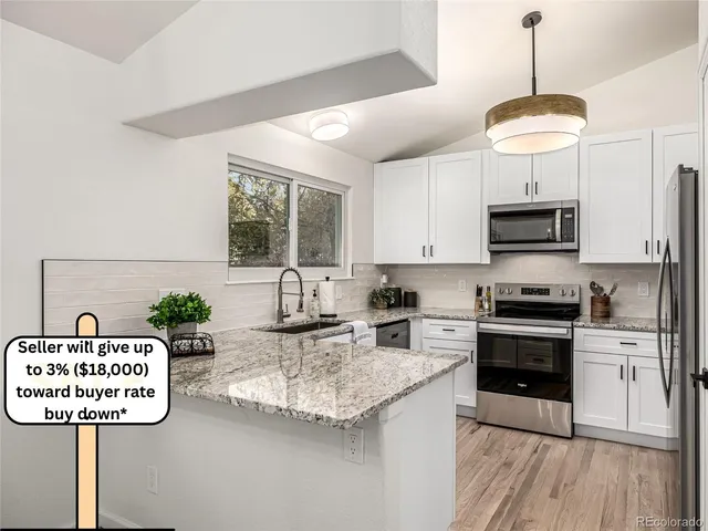 a kitchen with granite countertop a stove a sink and a refrigerator