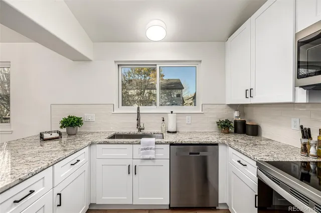 a bathroom with a double vanity sink a mirror and a shower