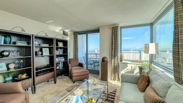 a living room with furniture a rug and a shelf