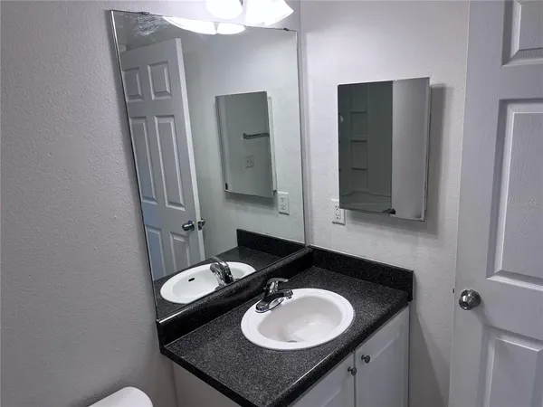 a bathroom with a sink and a mirror with toilet