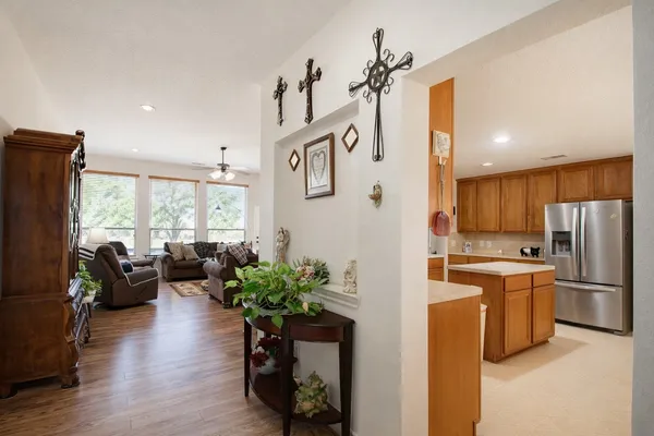 a view of a dining room with furniture window and outside view