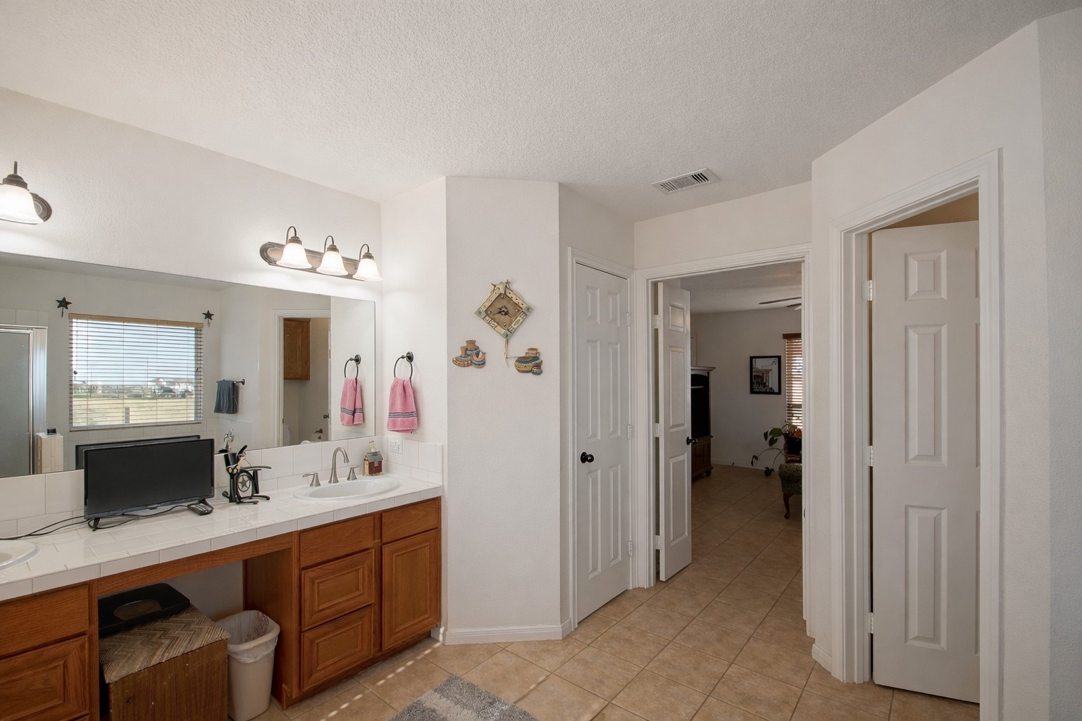9439 Jeske Road Needville, TX 77461 - Photo 26 of 48 a en suite bathroom with a double vanity sink a mirror and a shower
