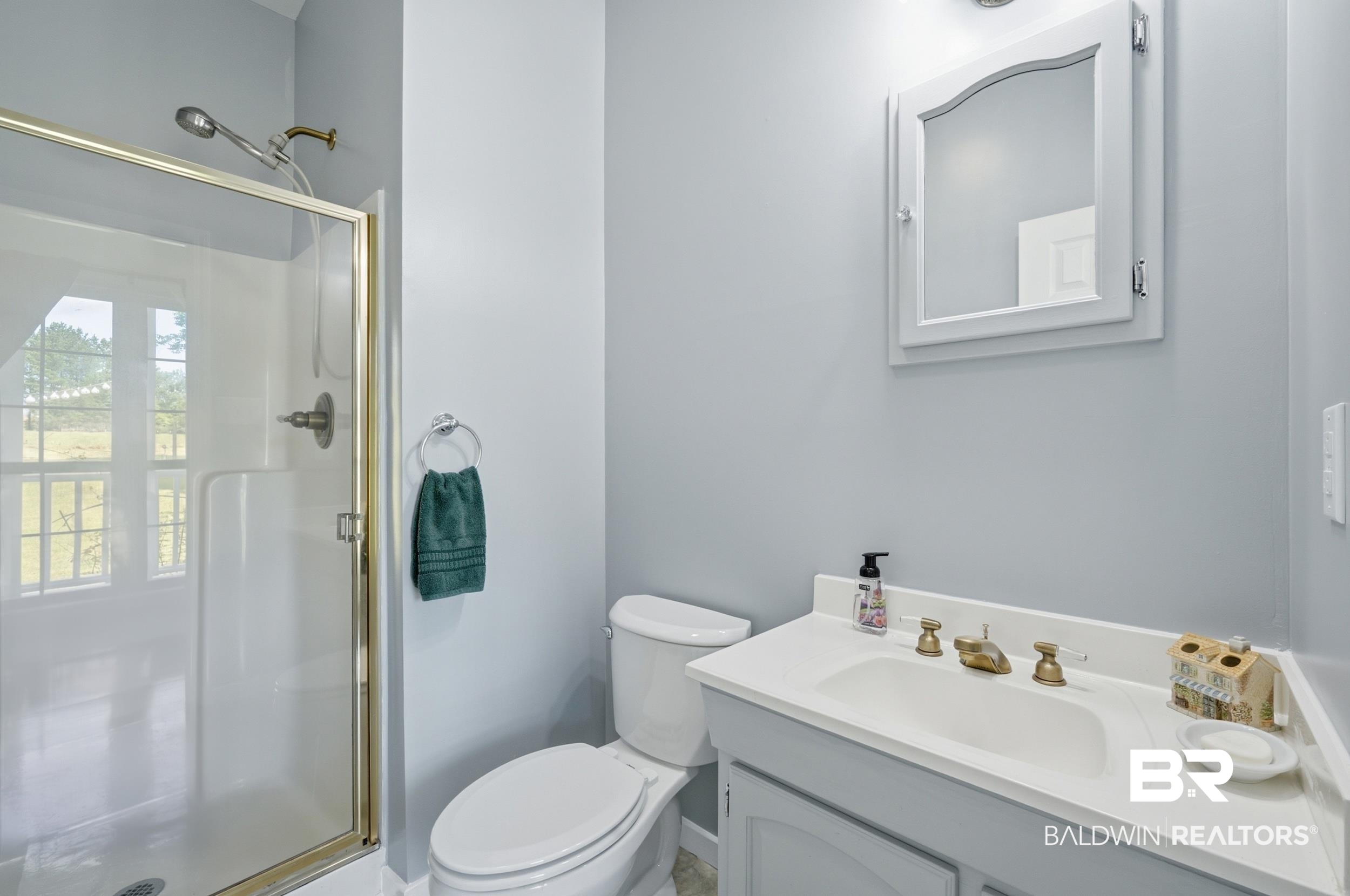 15855 Calvin Richerson Road Bay Minette, AL 36507 - Photo 38 of 83 Bathroom featuring a glass-enclosed shower with brass-finish fixtures, a white vanity with integrated sink, a medicine cabinet with mirrored door, a toilet, and light gray wall paint