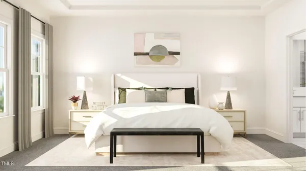 a bedroom with a bed a mirror and a large window with outer view