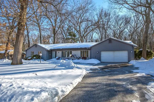 a front view of a house with a yard and large trees