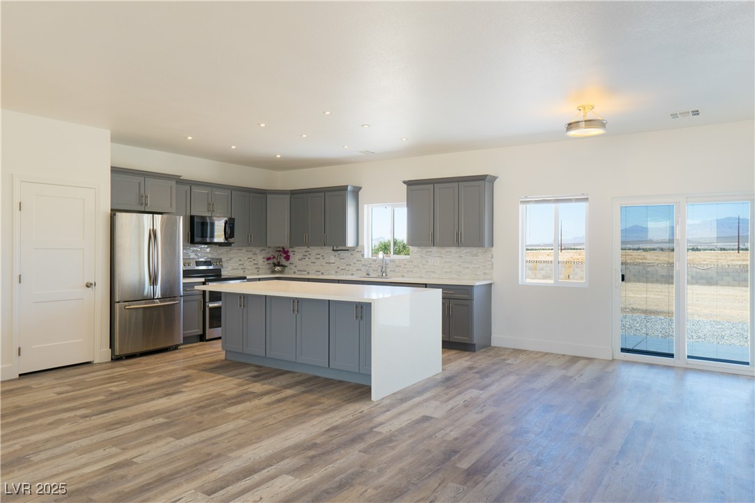 5400 Grain Mill Road Pahrump, NV 89061 - Photo 19 of 67 Kitchen with stainless steel appliances, gray cabinets, and recessed lighting