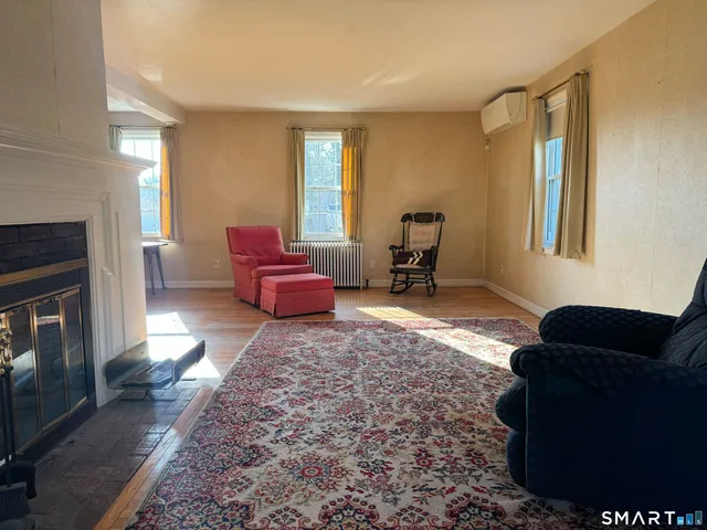 a living room with furniture windows and a fireplace