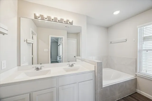 a bathroom with a double vanity sink mirror and bathtub