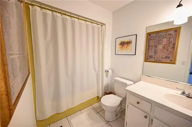 a bathroom with a toilet a sink and a shower curtain