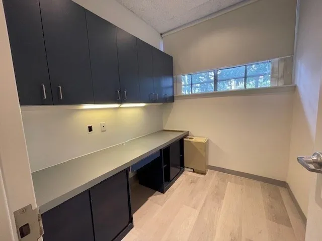 a kitchen with a cabinets and window