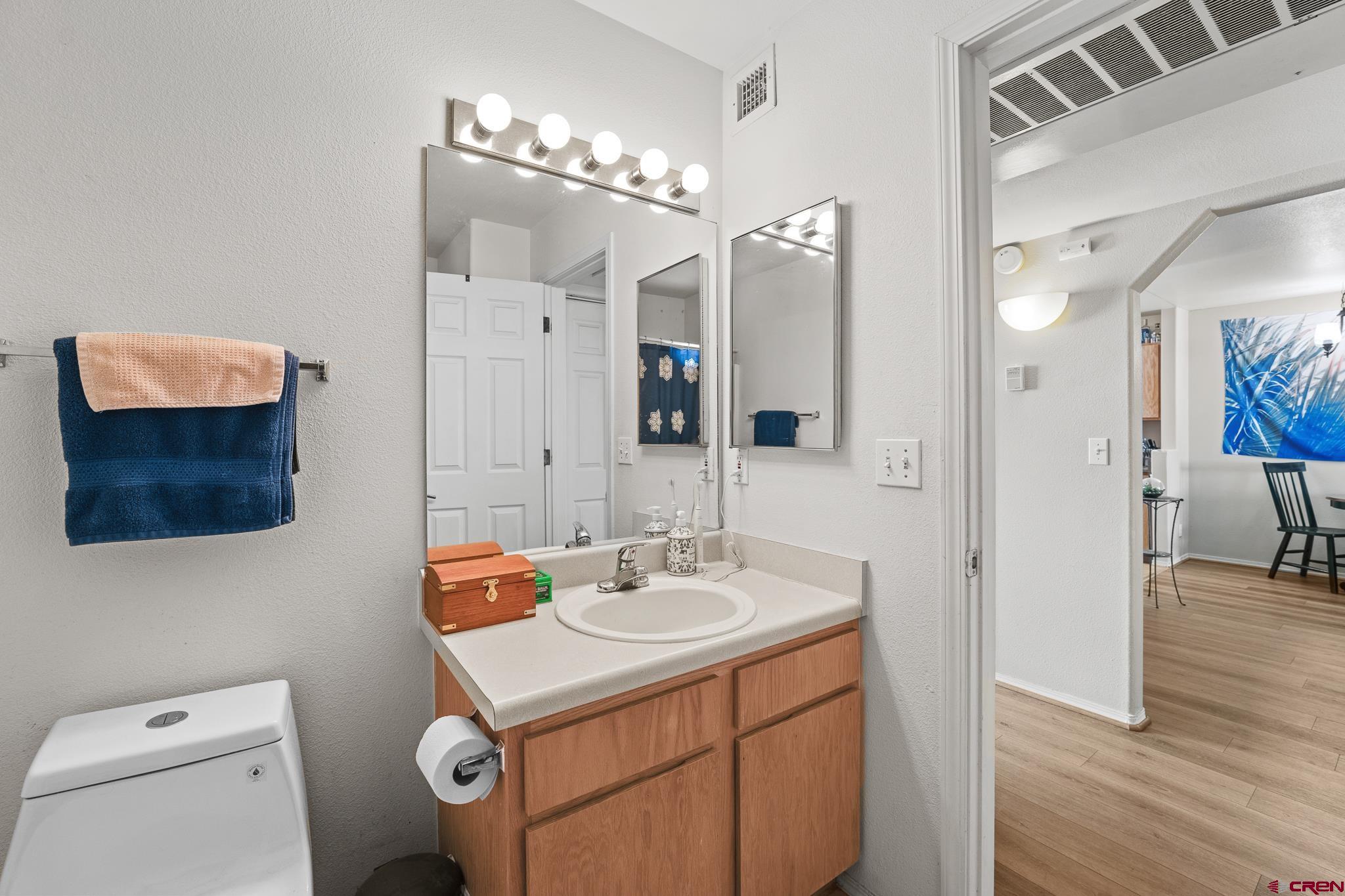 1100 Goeglein Gulch Road, Unit 206 Durango, CO 81301 - Photo 15 of 29 a bathroom with a sink a toilet and mirror