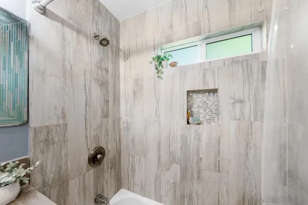 a bathroom with a shower and a tub