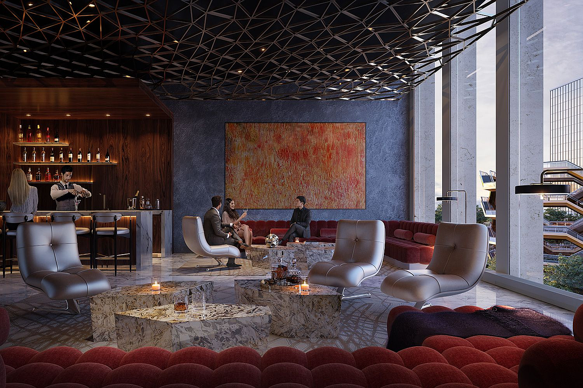 35 Hudson Yards, Unit 6803 Manhattan, NY 10001 - Photo 18 of 23 a living room with furniture a rug and a large window