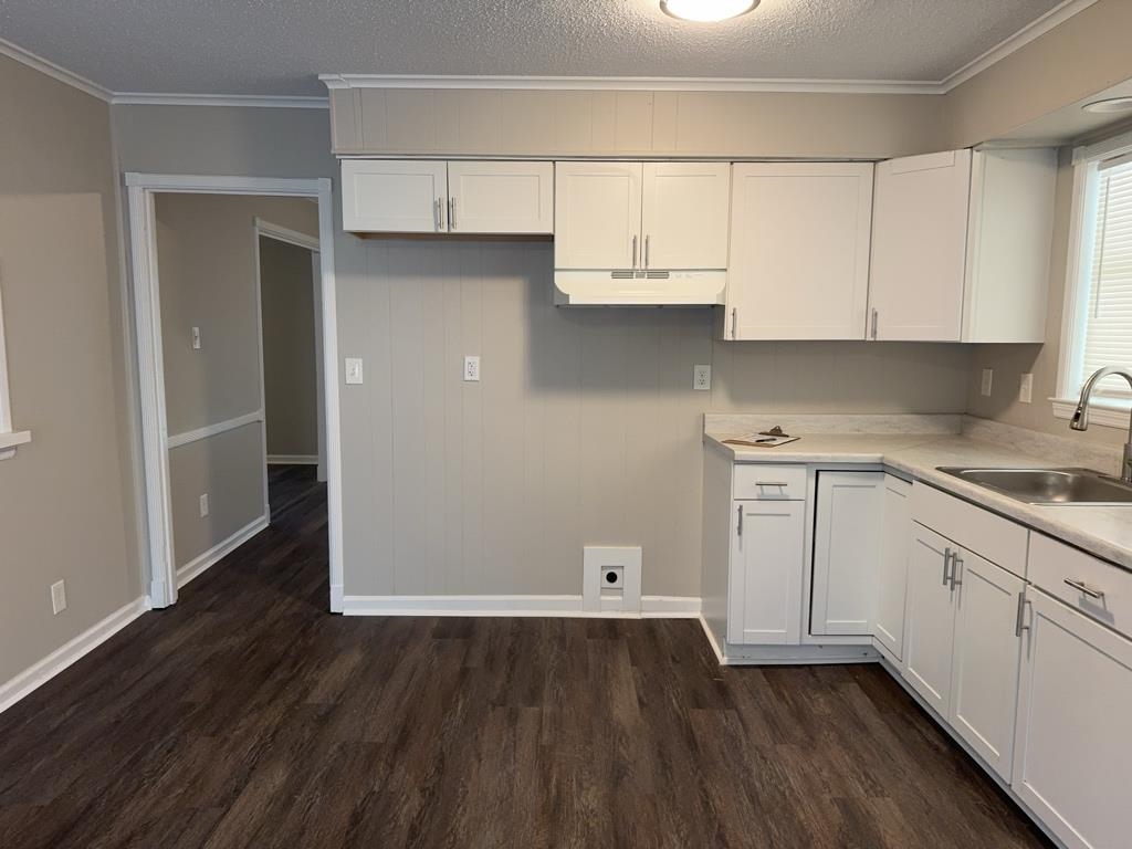 1328 Old Hickory Road Memphis, TN 38116 - Photo 7 of 11 Kitchen with white cabinets, ornamental molding, a textured ceiling, light countertops, and dark wood-style flooring