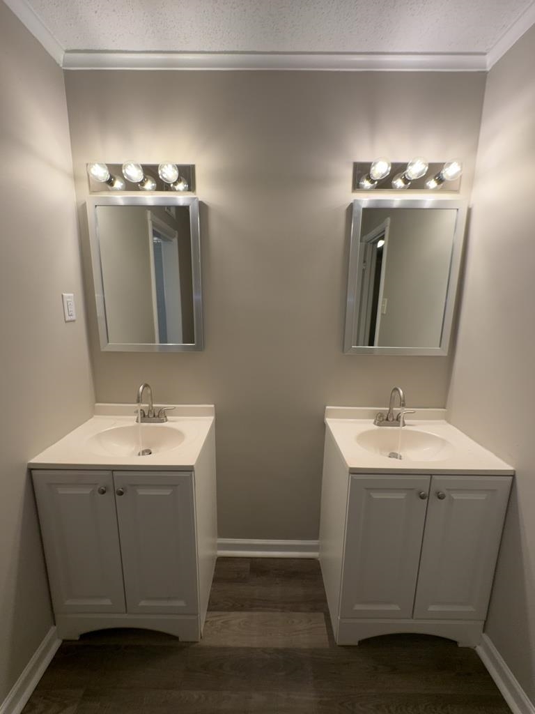 1328 Old Hickory Road Memphis, TN 38116 - Photo 8 of 11 Bathroom with two vanities, dark wood-style floors, ornamental molding, and a textured ceiling