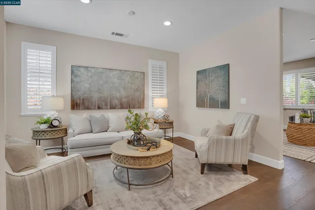 a living room with furniture and a potted plant