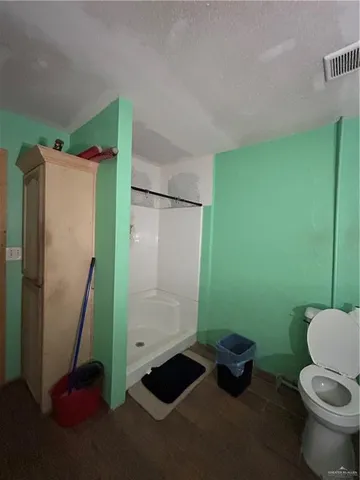 a bathroom with a toilet and a shower