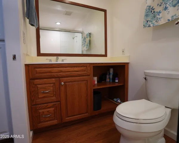 a bathroom with a toilet a sink and mirror