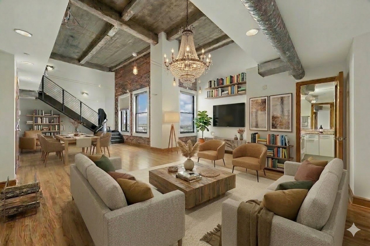 Virtually staged living room highlighting the space’s versatility and design possibilities.
