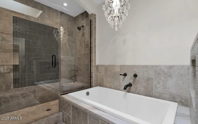 a bathroom with a bathtub and a shower