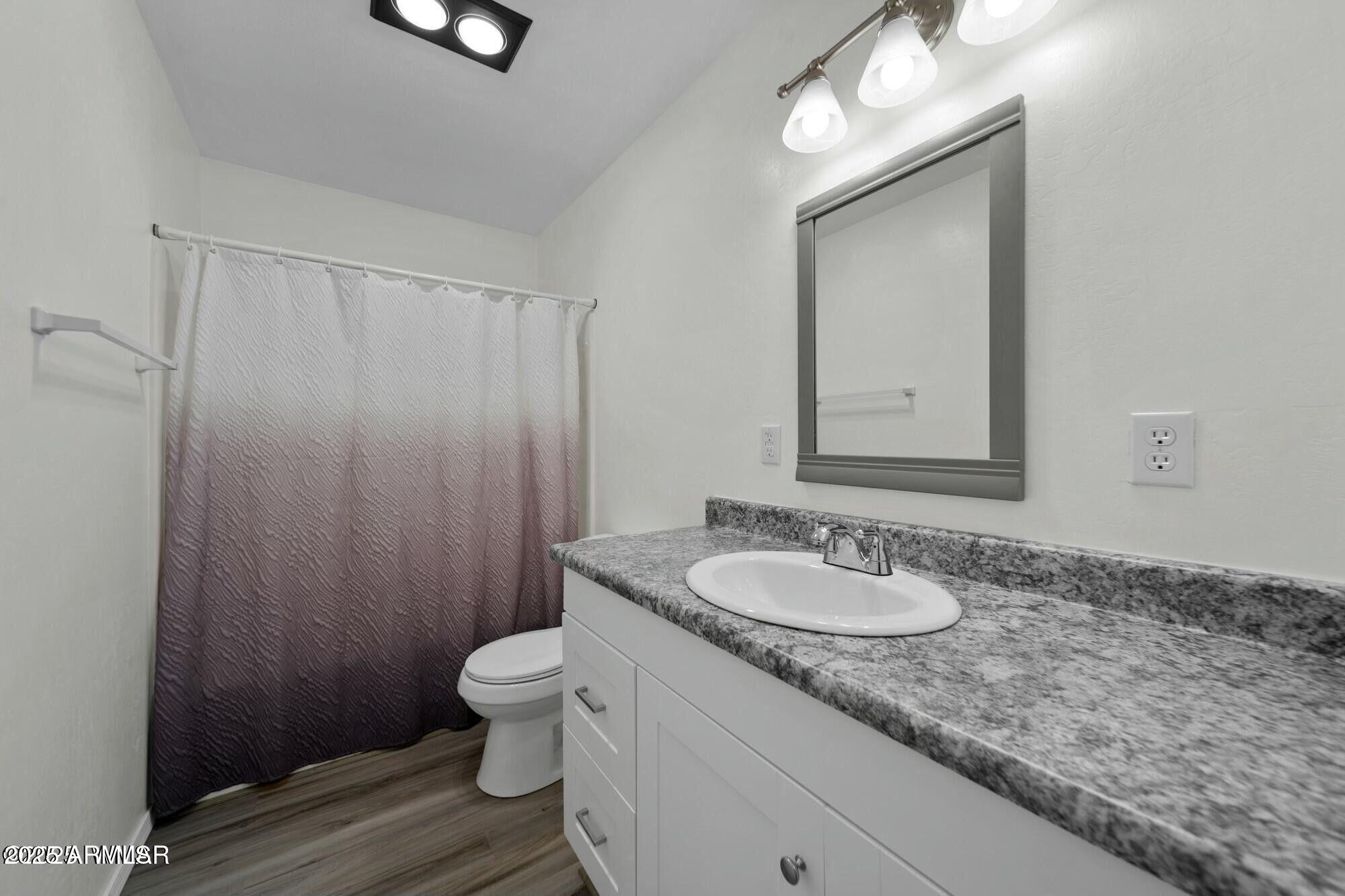 723 Tori Circle Springerville, AZ 85938 - Photo 22 of 47 a bathroom with a granite countertop sink a toilet and a mirror