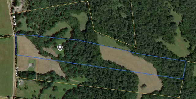 a view of a field with an trees in the background