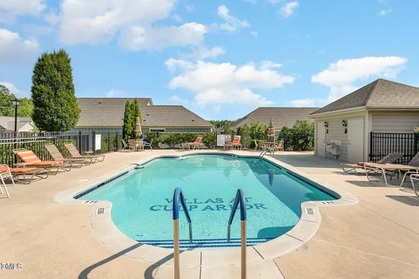 an aerial view of a swimming pool