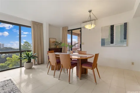 a view of a dining room with furniture window and outside view