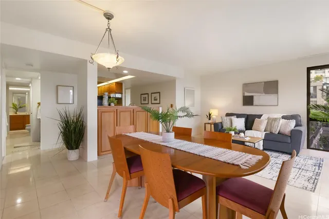 a view of a dining room with furniture