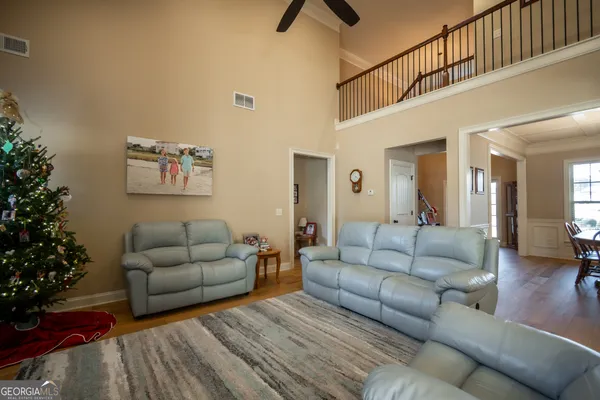 a living room with furniture and a potted plant