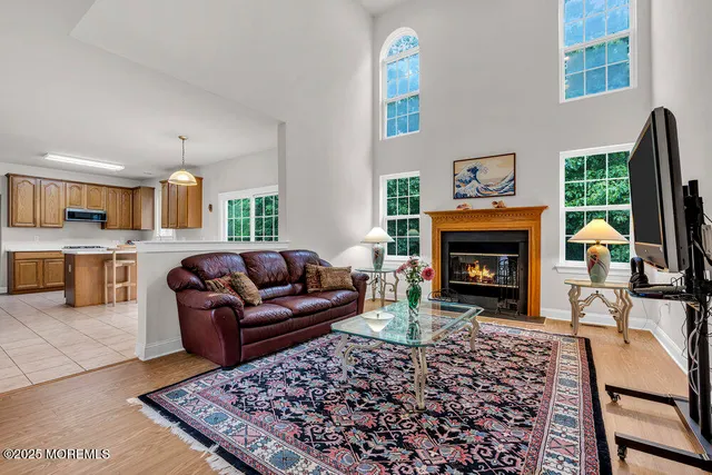 a living room with furniture a rug and a fireplace