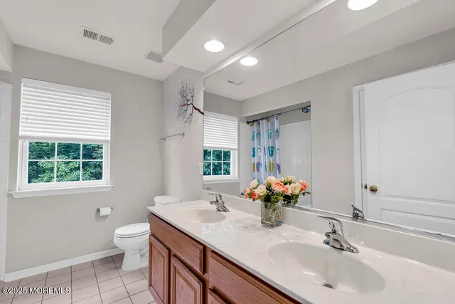 a bathroom with a double vanity sink toilet and a mirror