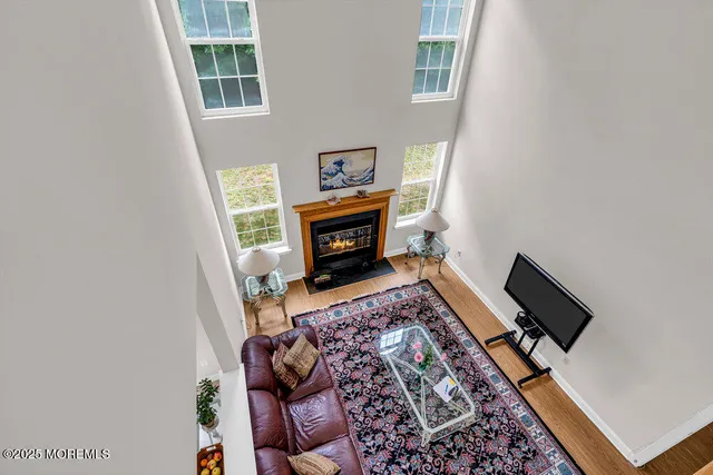 view of living room with furniture and a fireplace