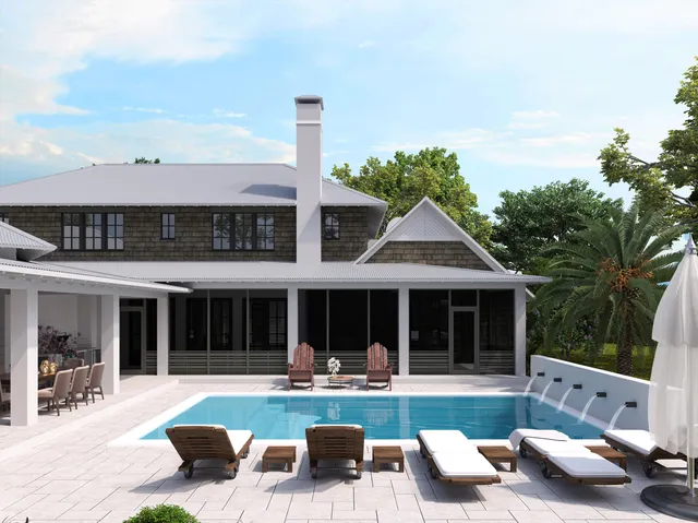 a view of a house with swimming pool and porch with furniture