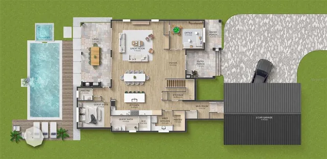 a aerial view of a house with outdoor seating