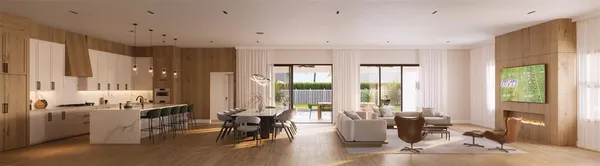 a living room with furniture and large windows